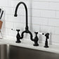 Kingston KS7793BPLBS Bel-Air Bridge Kitchen Faucet with Brass Sprayer, Antique Brass in modern kitchen setting.
