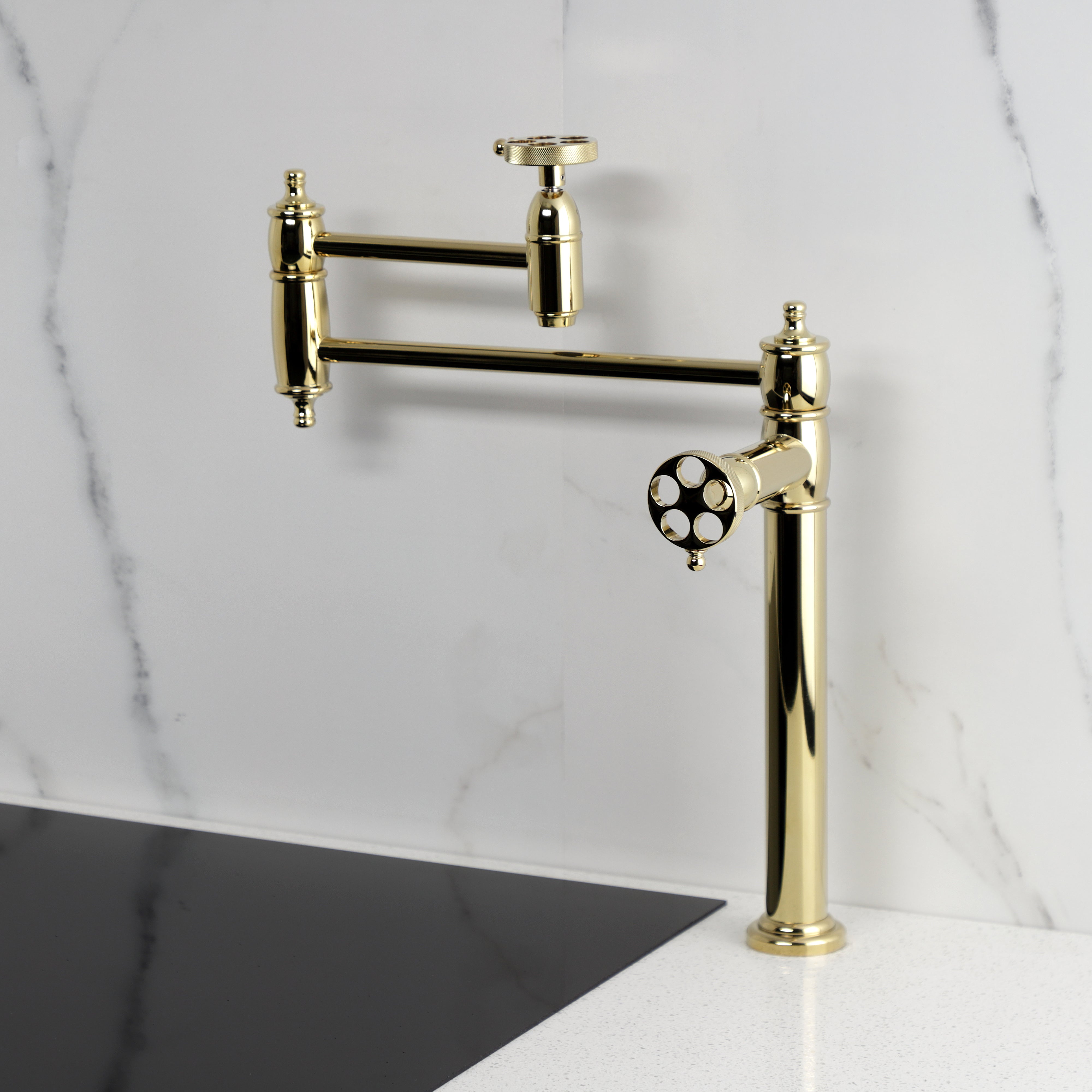 Kingston Brass KS3703RKZ Wendell Deck Mount Pot Filler Faucet with Knurled Handle, Antique Brass