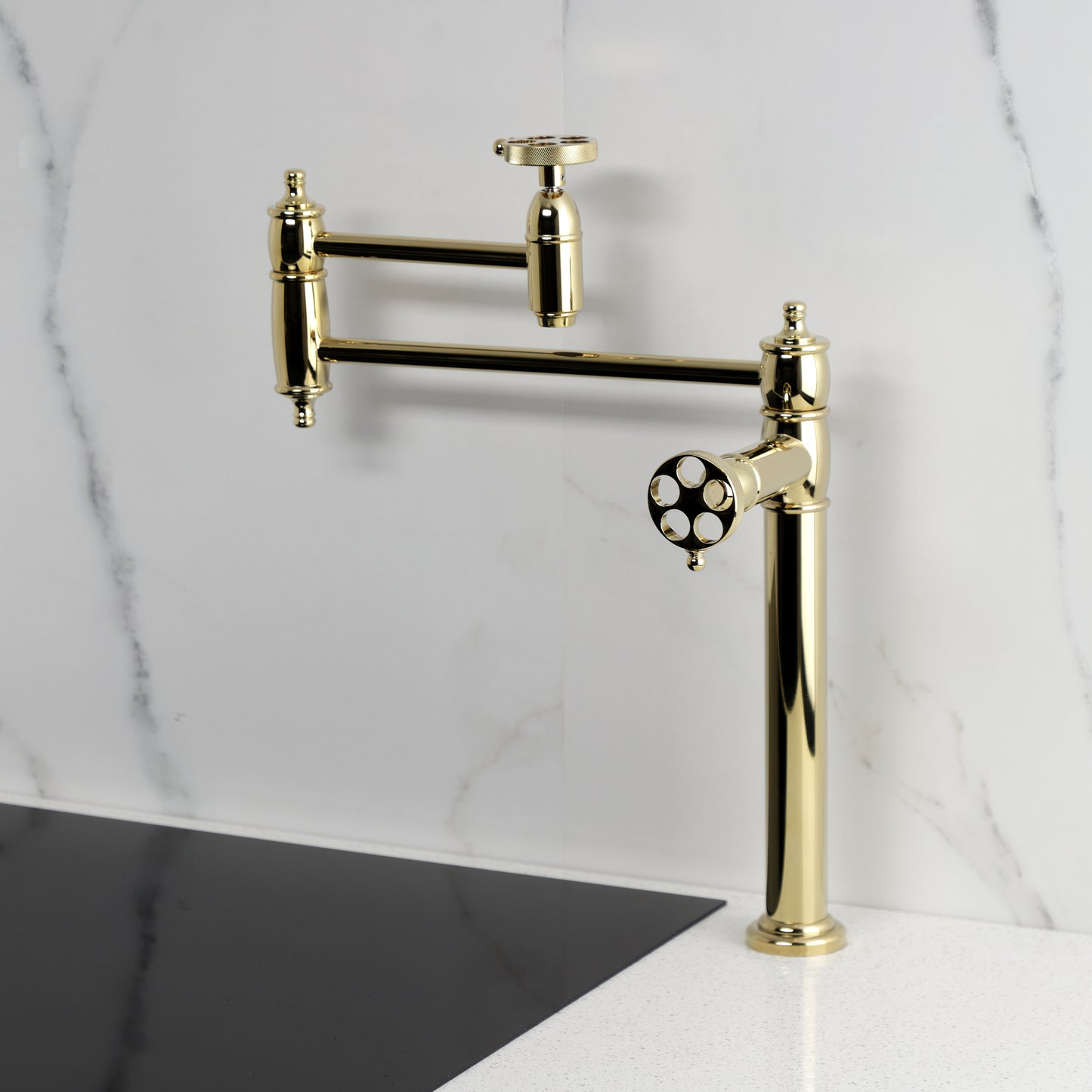 Kingston Brass KS3703RKZ Wendell Deck Mount Pot Filler Faucet with Knurled Handle, Antique Brass
