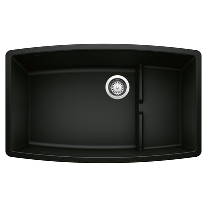 BLANCO Performa Cascade SILGRANIT 32" Single Bowl Undermount Kitchen Sink with Colander from above view.