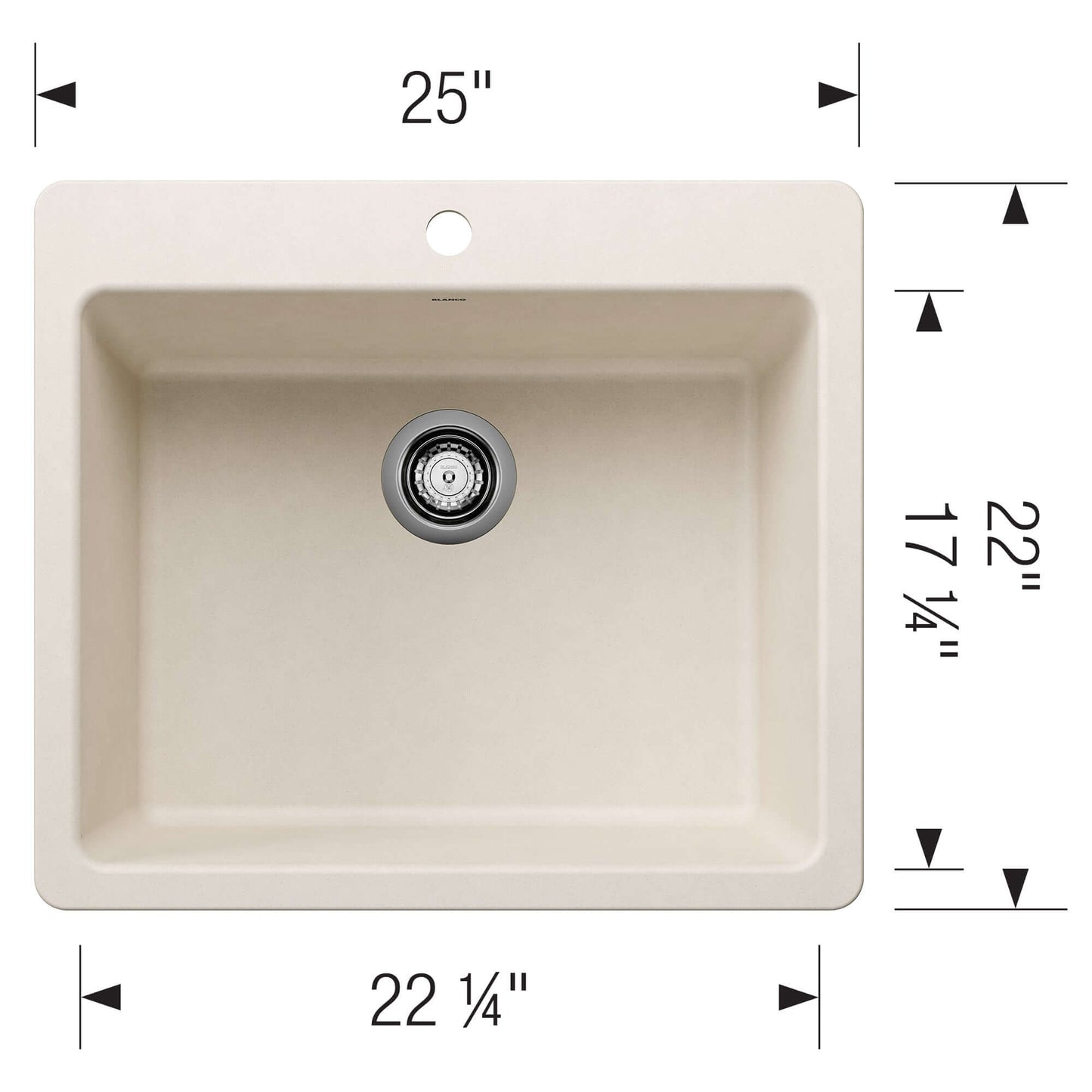 BLANCO Liven SILGRANIT 25" Single Bowl Dual Mount Kitchen Sink top view with dimensions shown.