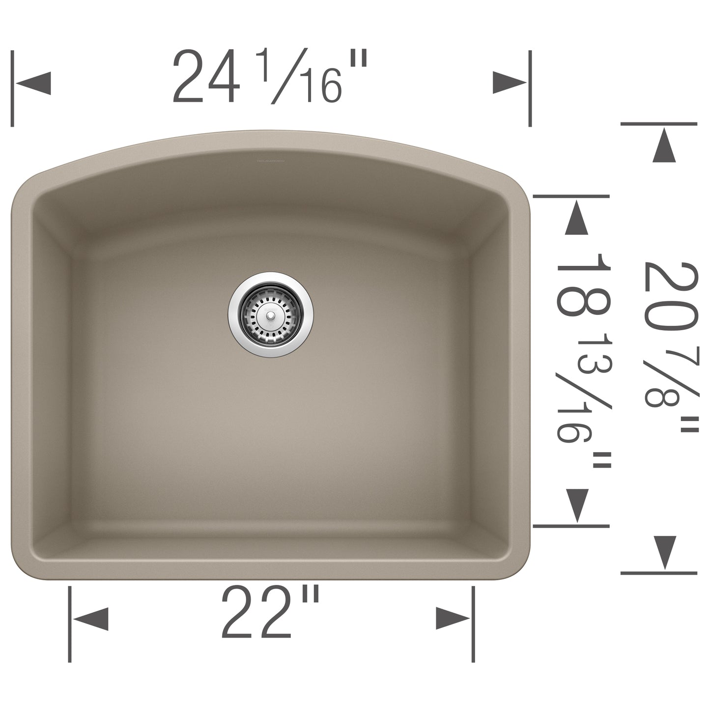 BLANCO Diamond SILGRANIT 24" Single Bowl Undermount Kitchen Sink dimensions showing 24 1/16" x 22" x 20 7/8".