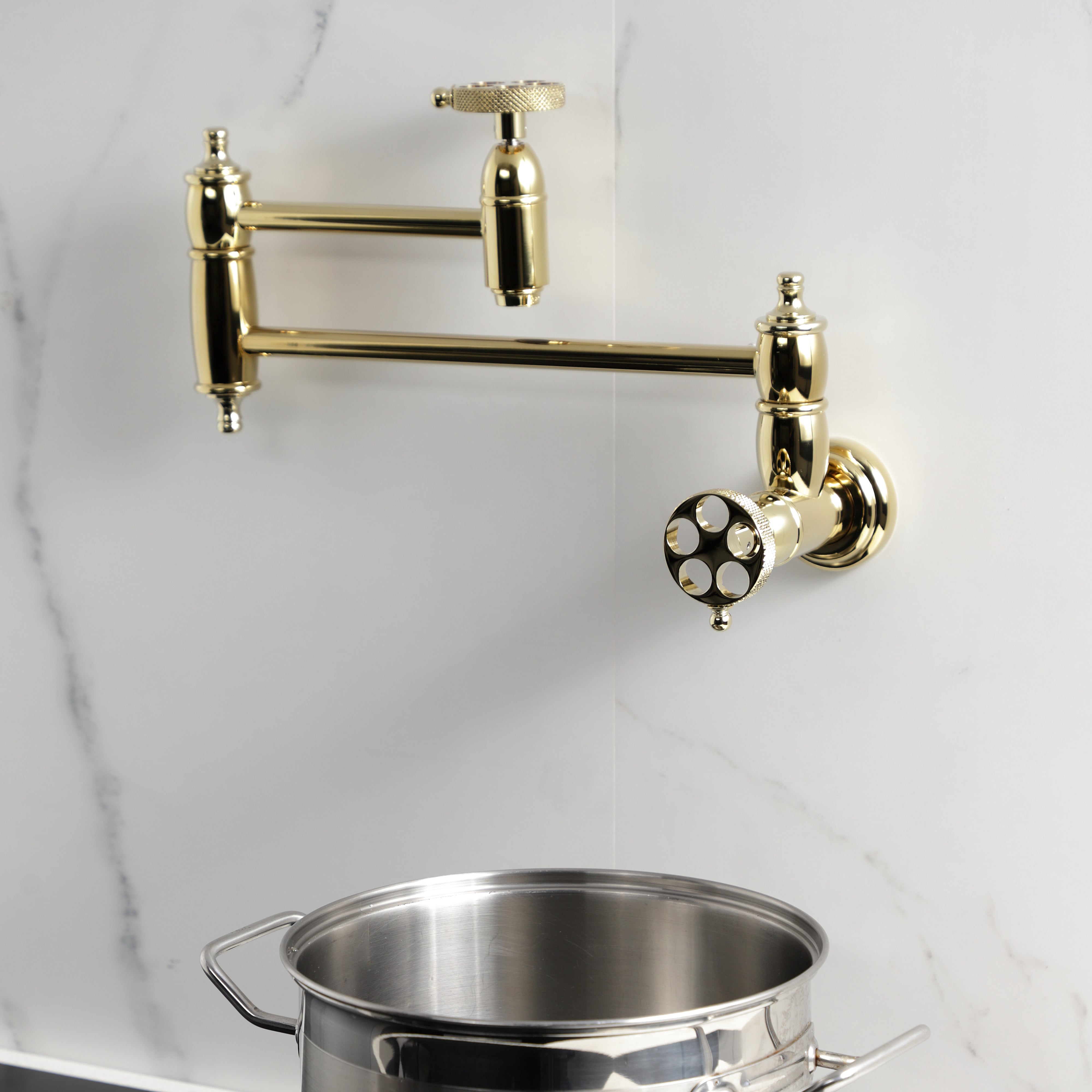 Kingston Brass KS3103RKX Webb Wall Mount Pot Filler Faucet with Knurled Handle, Antique Brass
