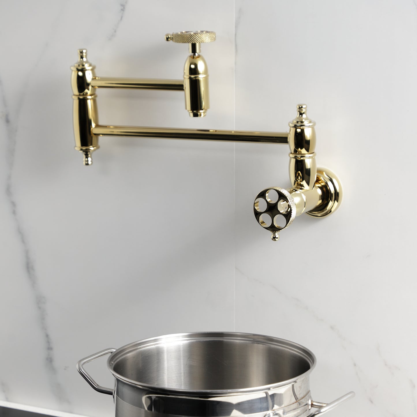 Kingston Brass KS3103RKX Webb Wall Mount Pot Filler Faucet with Knurled Handle, Antique Brass