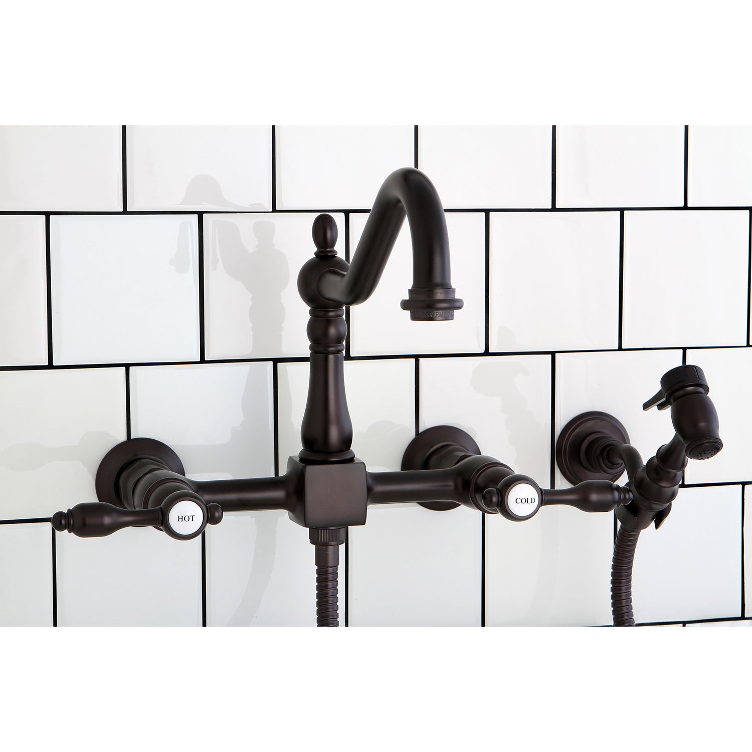 Kingston KS1248TALBS Tudor Two-Handle Wall Mount Bridge Kitchen Faucet with Brass Sprayer, Brushed Nickel