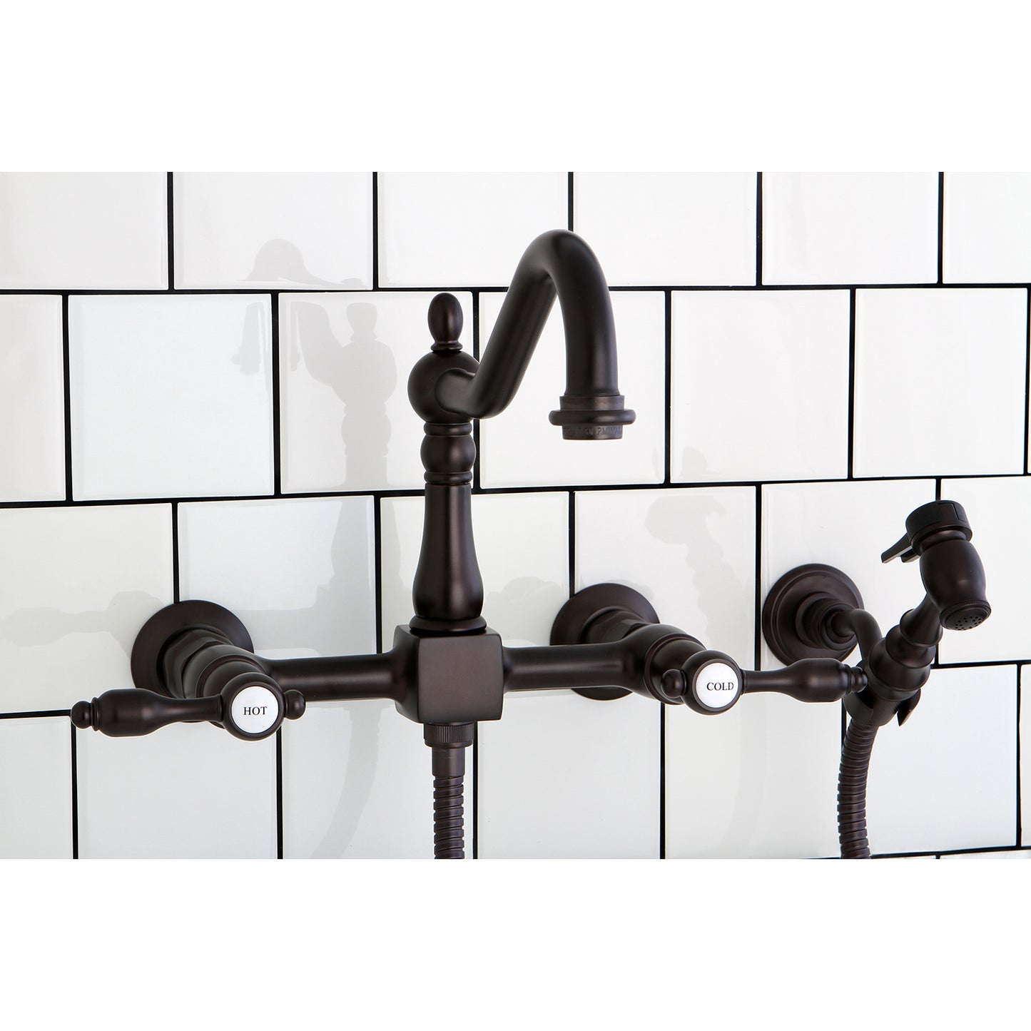 Kingston KS1248TALBS Tudor Two-Handle Wall Mount Bridge Kitchen Faucet with Brass Sprayer, Brushed Nickel