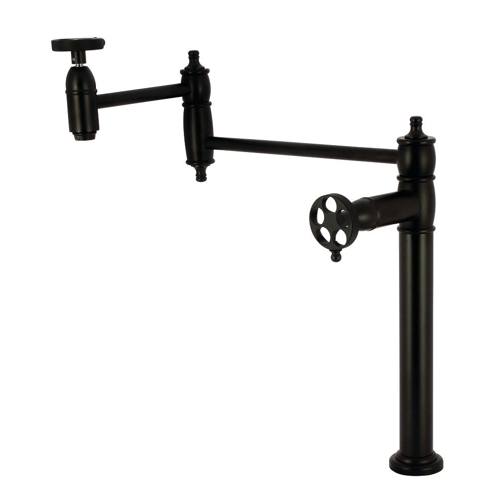 Kingston Brass KS3703RKZ Wendell Deck Mount Pot Filler Faucet with Knurled Handle, Antique Brass in matte black finish.
