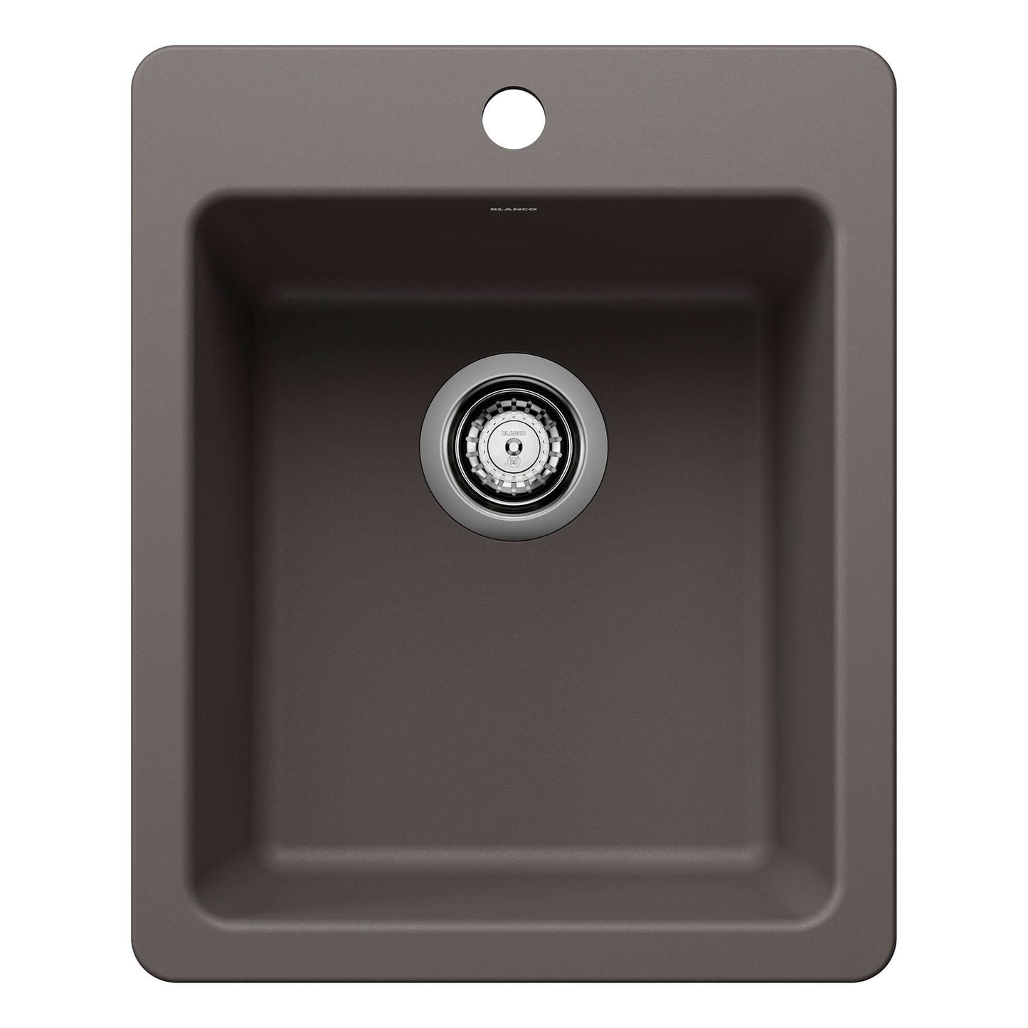 BLANCO Liven SILGRANIT 17" Dual Mount Bar Sink in dark color with strainer, perfect for compact spaces.