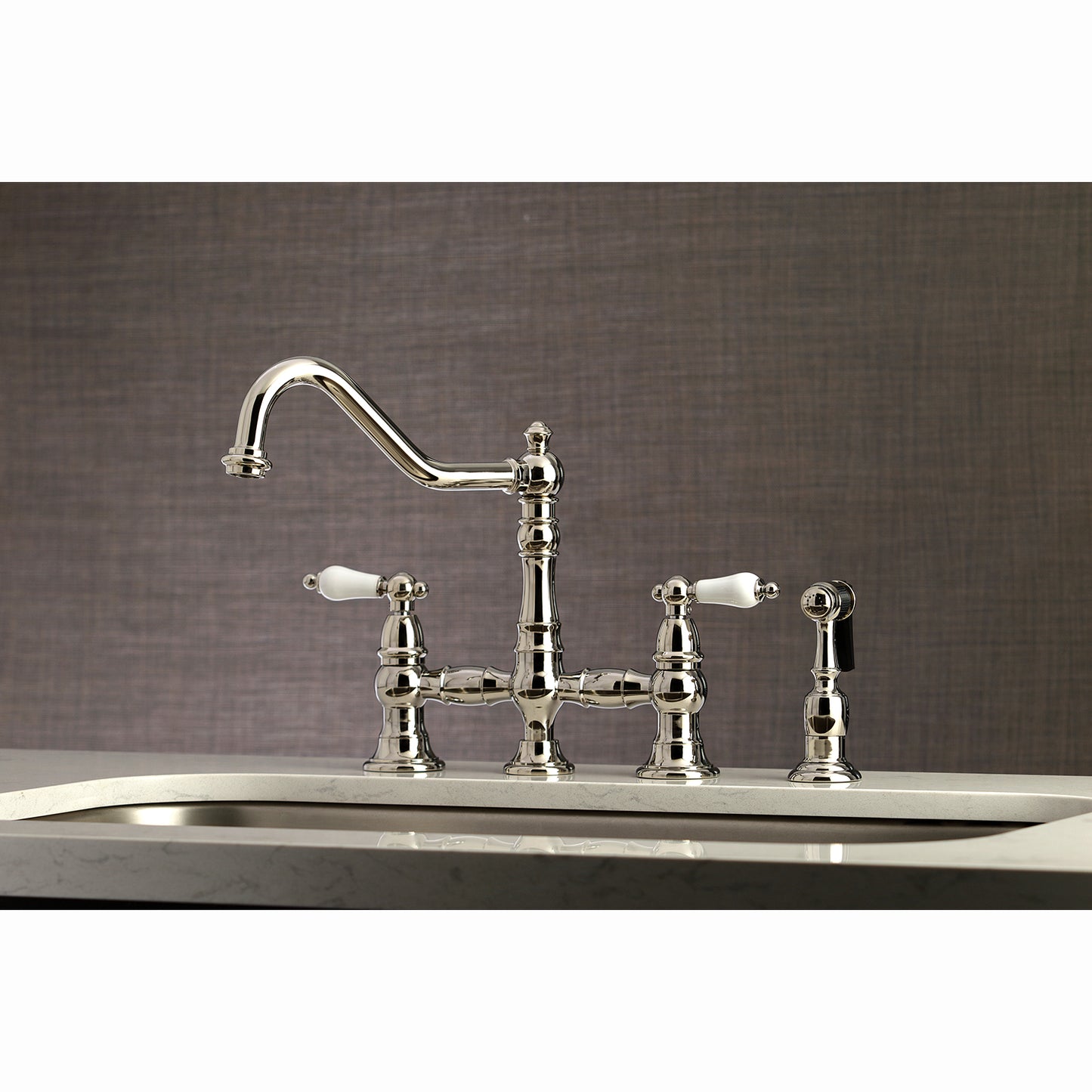 Kingston KS3277PLBS Restoration Bridge Kitchen Faucet with Brass Sprayer, Brushed Brass