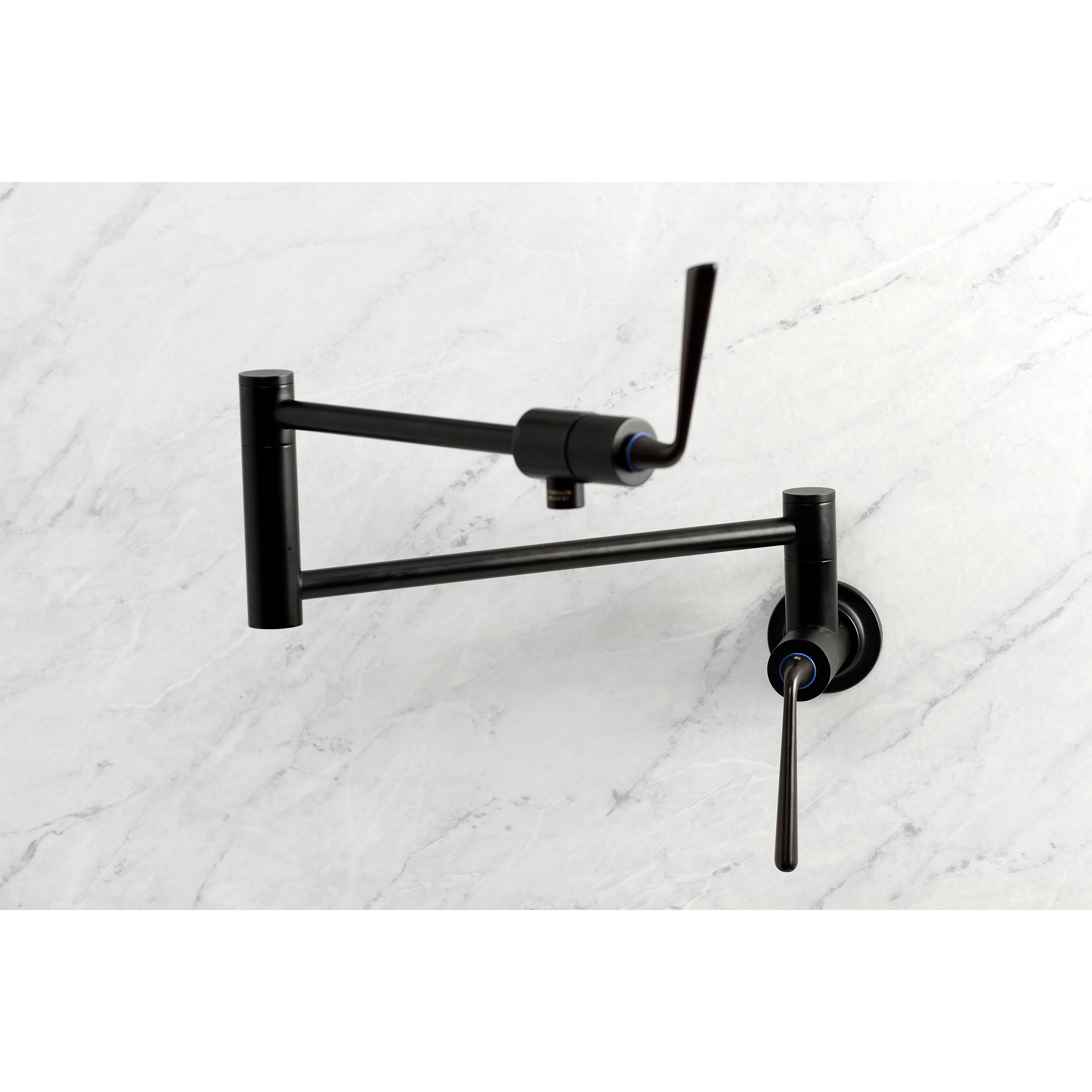 Kingston Brass KS4108ZL Silver Sage Wall Mount Pot Filler Faucet, Brushed Nickel on marble background.
