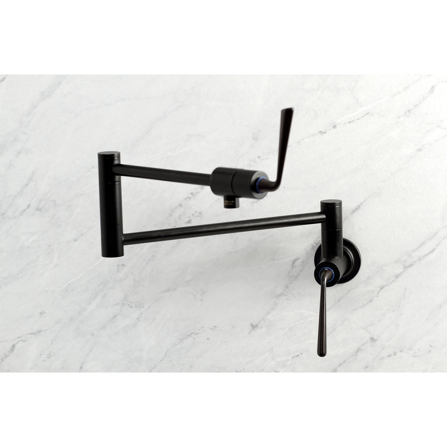 Kingston Brass KS4108ZL Silver Sage Wall Mount Pot Filler Faucet, Brushed Nickel on marble background.