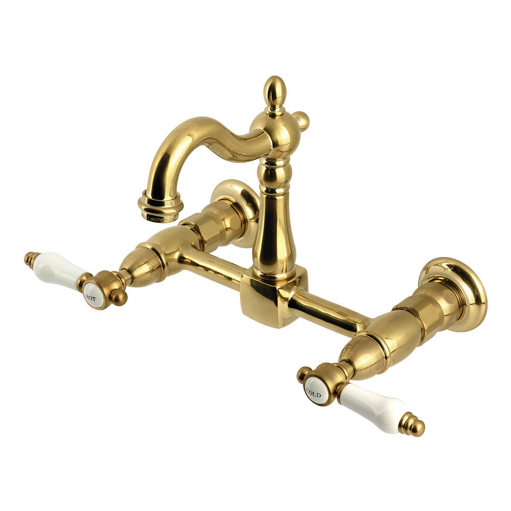 Kingston KS2443BPL Bel-Air Two-Handle Wall Mount Bridge Kitchen Faucet, Antique Brass, brushed brass finish