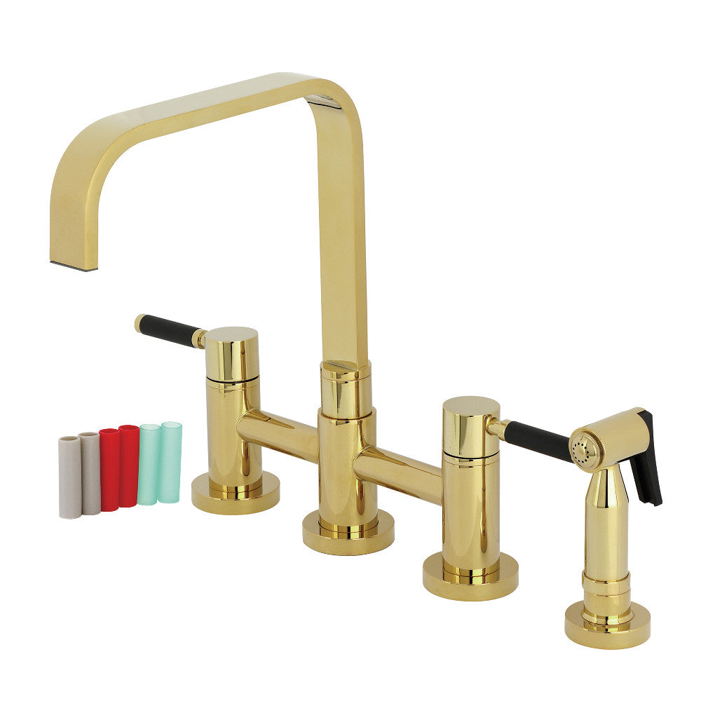Kingston KS8257DKLBS Kaiser Bridge Kitchen Faucet with Brass Sprayer, Brushed Brass featuring sleek design and Neoprene handles.