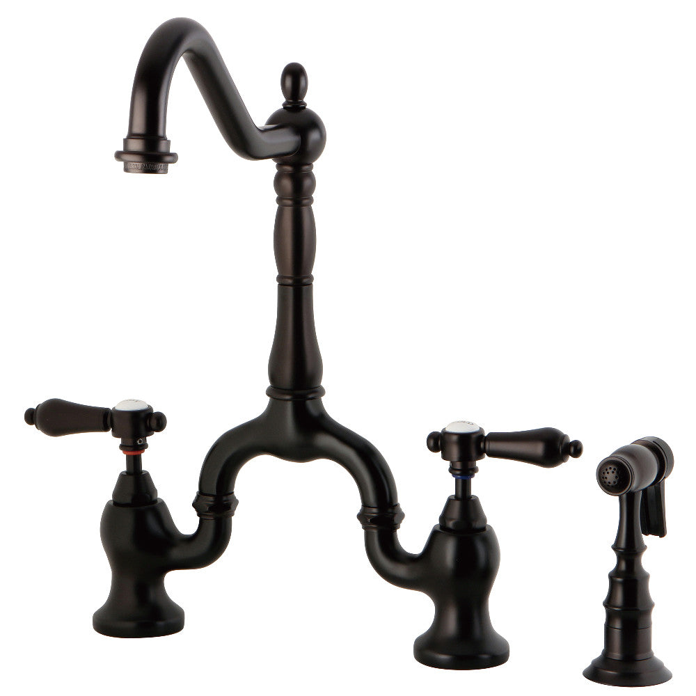 Kingston KS7753BALBS Heirloom Bridge Kitchen Faucet with Brass Sprayer, Antique Brass in oil rubbed bronze finish