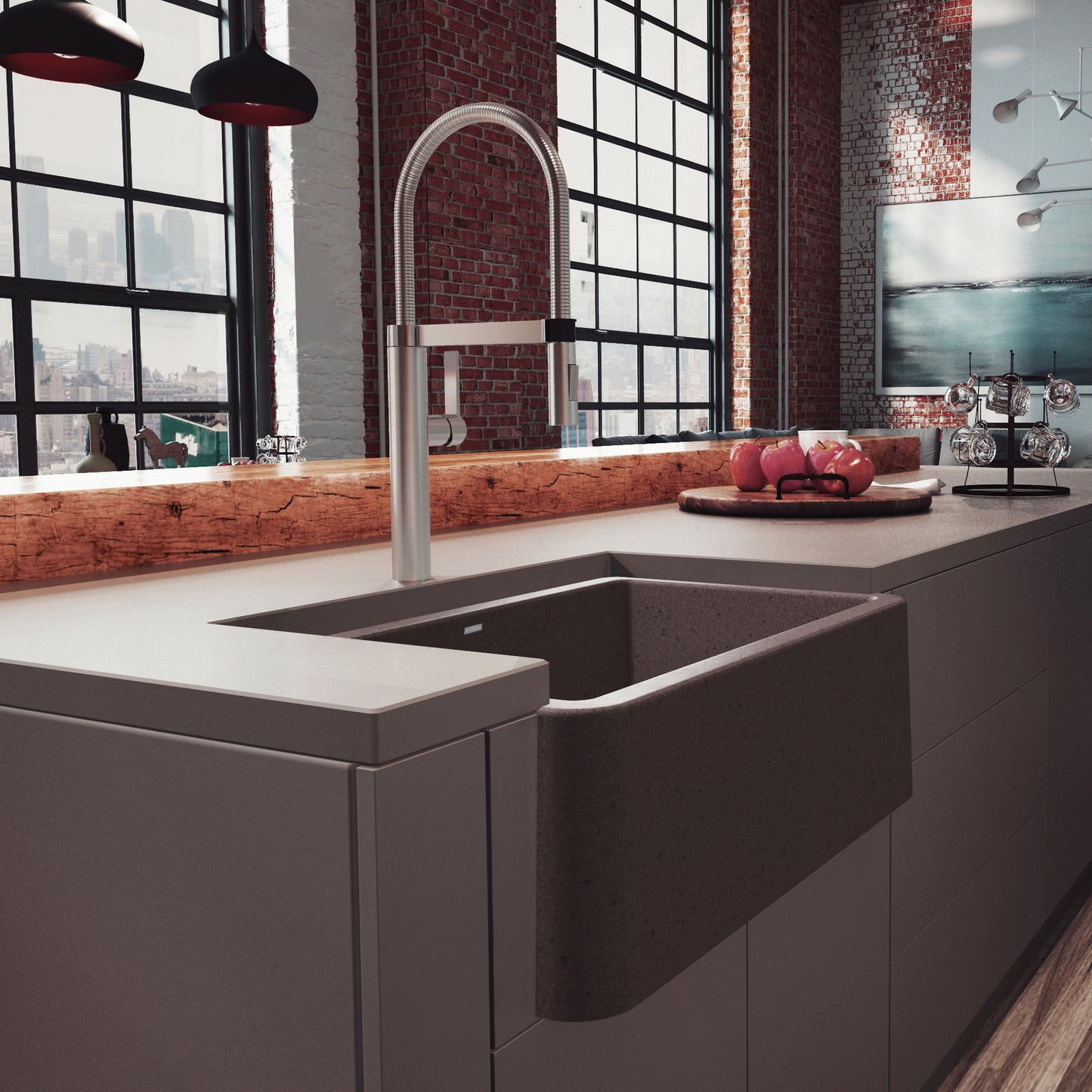 BLANCO Ikon SILGRANIT 30" Single Bowl Apron-Front Farmhouse Sink in a modern kitchen with large windows.