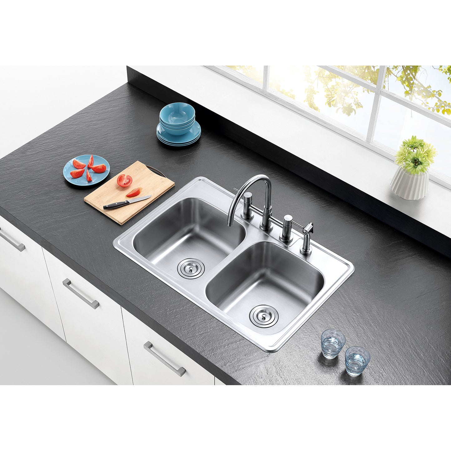 Kingston KS8278DLBS Concord Bridge Kitchen Faucet with Brass Sprayer, Brushed Nickel installed in modern kitchen sink