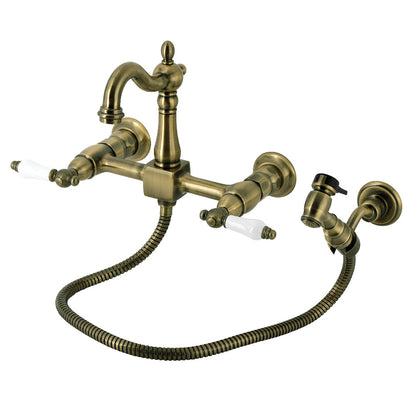 Kingston KS2443PLBS Heritage Two-Handle Wall Mount Bridge Kitchen Faucet with Brass Sprayer, Antique Brass