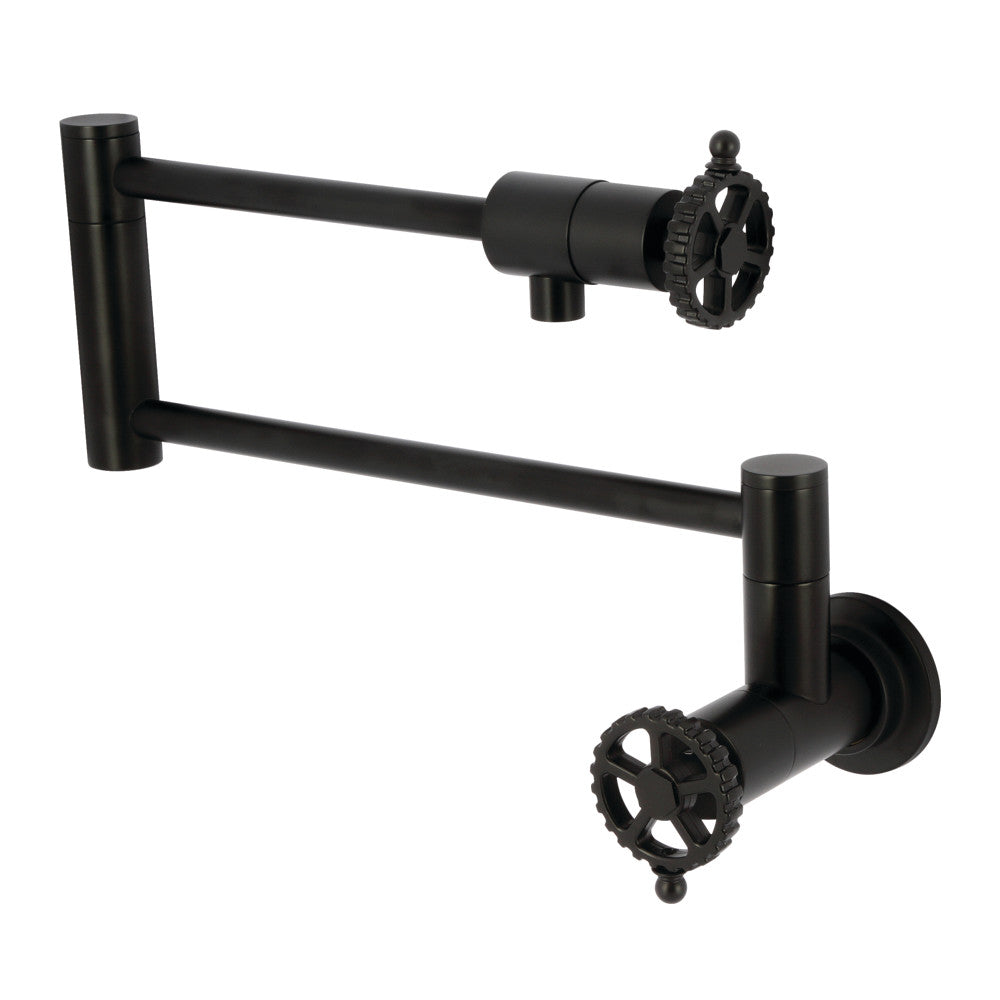 Kingston Brass KS4103CG Fuller Wall Mount Pot Filler Faucet, Antique Brass with matte black finish and foldable swing arms.