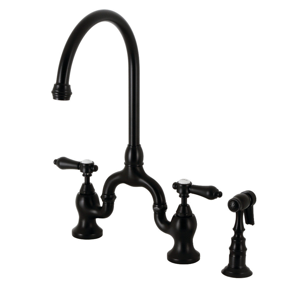 Kingston KS7793BALBS Heirloom Bridge Kitchen Faucet with Brass Sprayer, Antique Brass in matte black finish