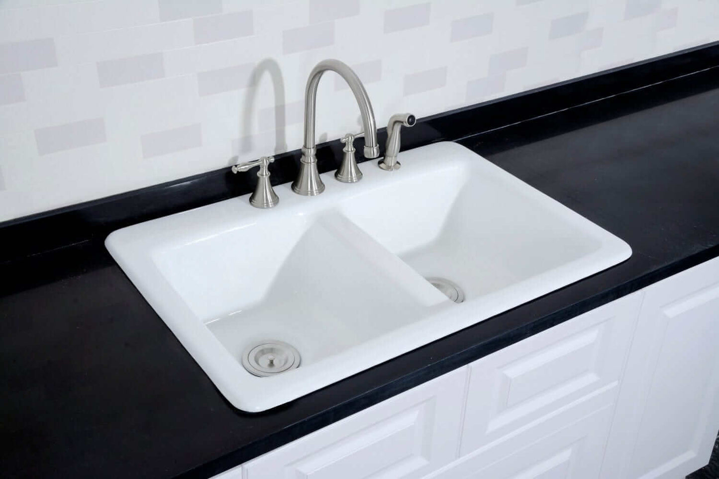 KINGSTON Brass Gourmetier 33" Cast Iron Double Bowl Drop-In Kitchen Sink - White