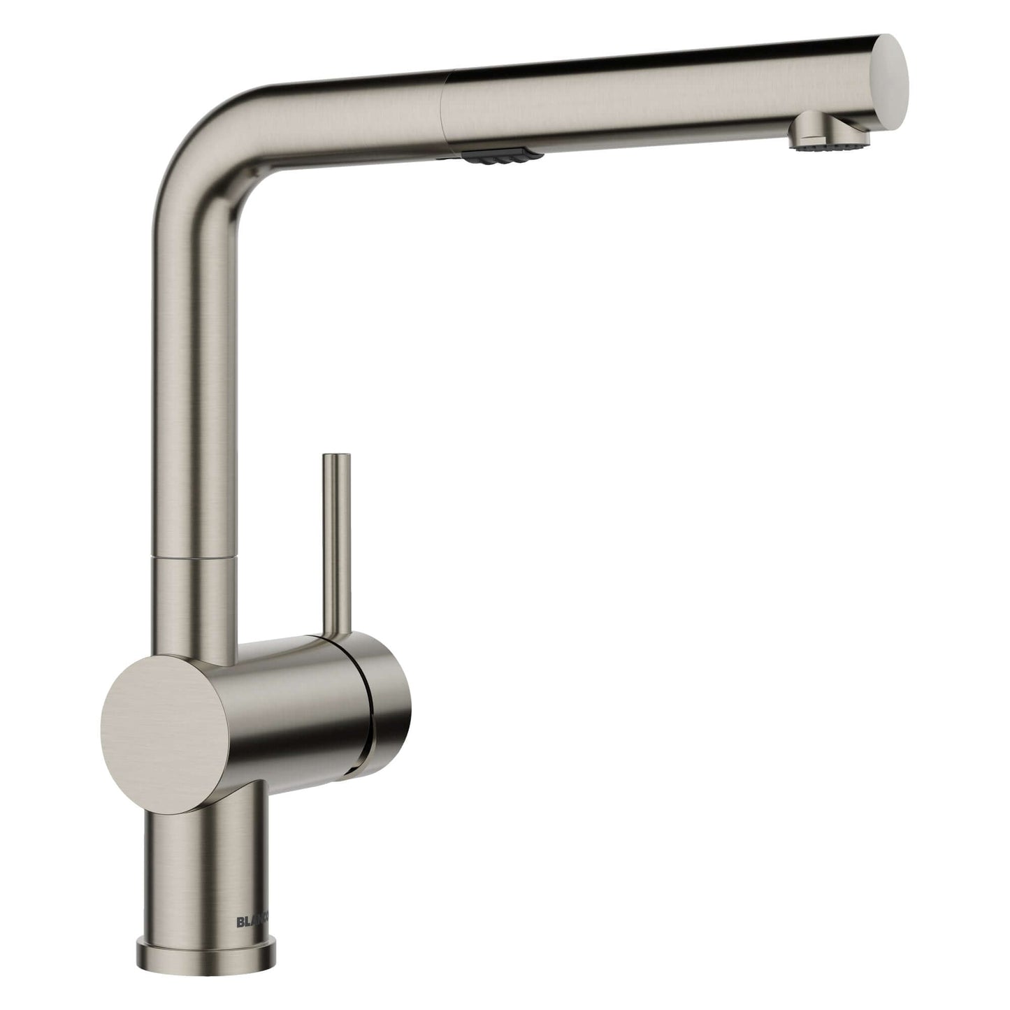 BLANCO Linus Low Arc Pull-Out Dual-Spray Kitchen Faucet - Satin Platinum finish for compact spaces.