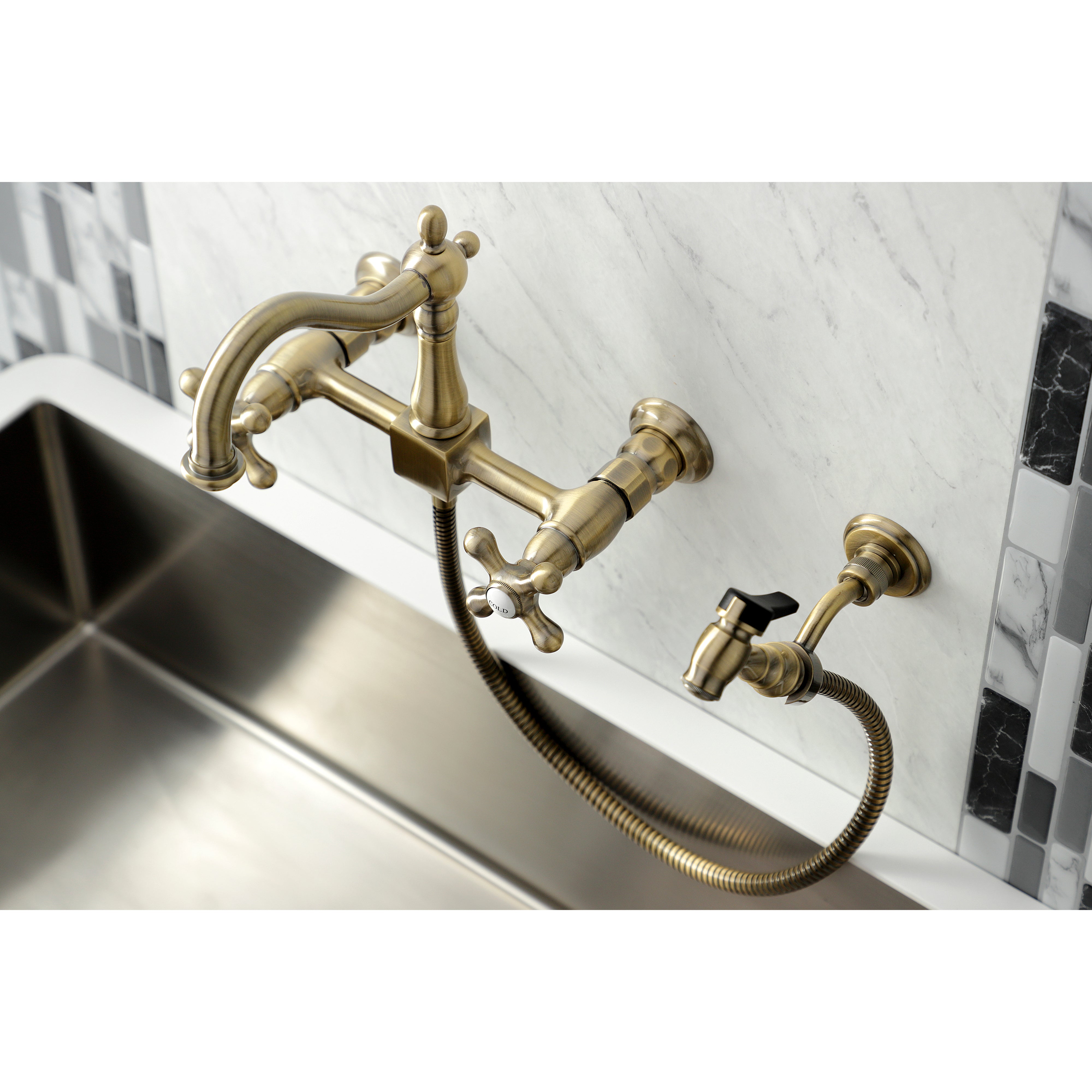 Kingston KS1263AXBS Heritage Two-Handle Wall Mount Bridge Kitchen Faucet with Brass Sprayer, Antique Brass