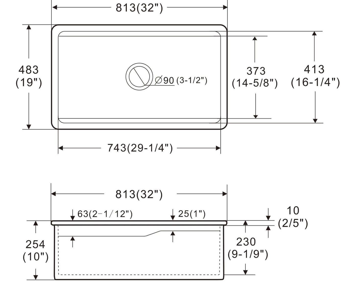 Alfi 32" Dual Mount Fireclay Workstation Kitchen Sink - ABFS3219SUD dimensions diagram with measurements.