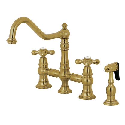 Kingston KS3277AXBS Restoration Bridge Kitchen Faucet with Brass Sprayer, Brushed Brass