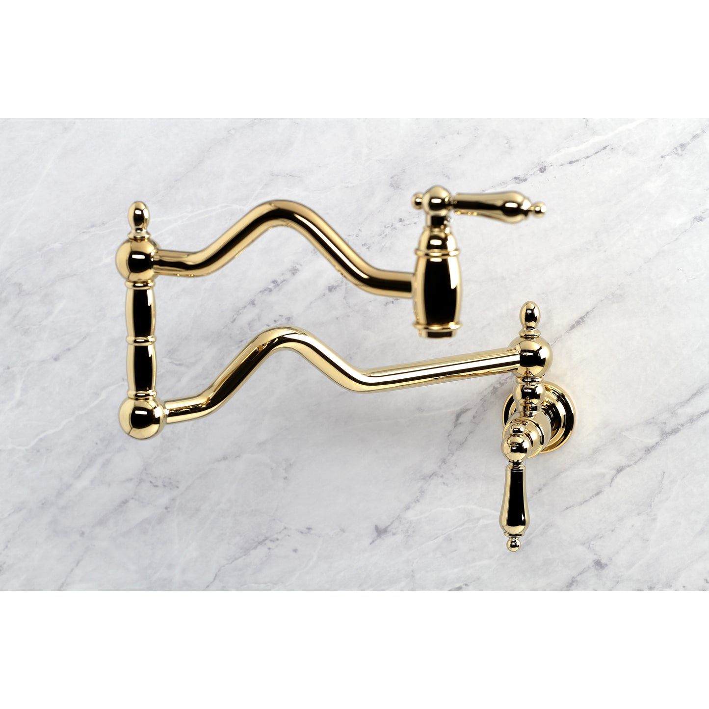Kingston Brass KS2107AL Heritage Wall Mount Pot Filler Faucet, Brushed Brass, foldable swing arms design.