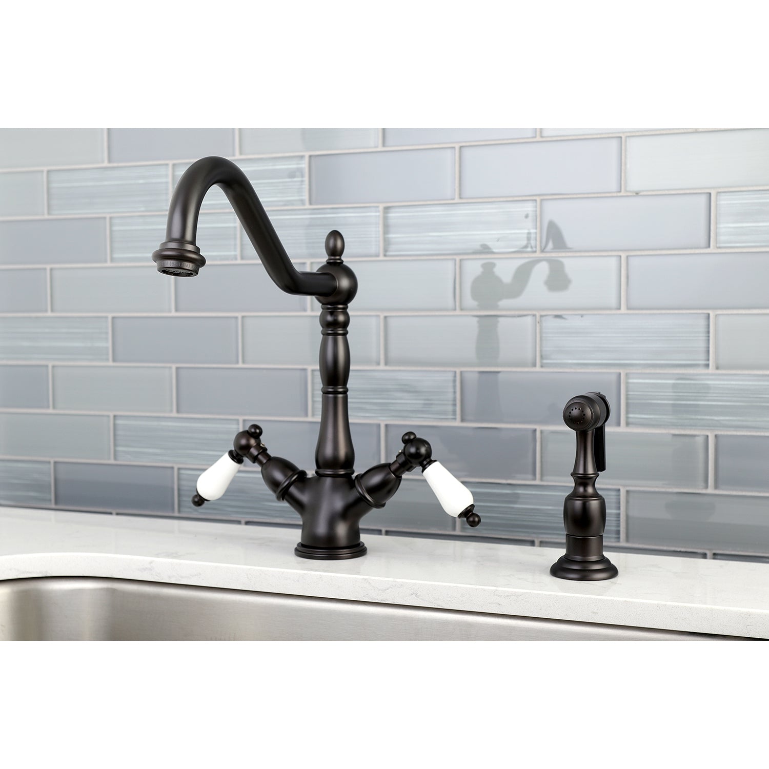 Kingston KS1238PLBS Heritage Two-Handle Kitchen Faucet with Brass Sprayer, Brushed Nickel in matte black finish