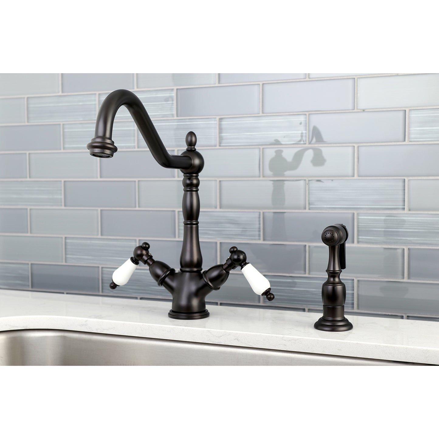 Kingston KS1238PLBS Heritage Two-Handle Kitchen Faucet with Brass Sprayer, Brushed Nickel in matte black finish