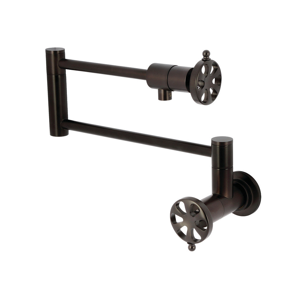 Kingston Brass KS4103RX Belknap Wall Mount Pot Filler Faucet, Antique Brass with foldable swing arms in oil rubbed bronze finish.