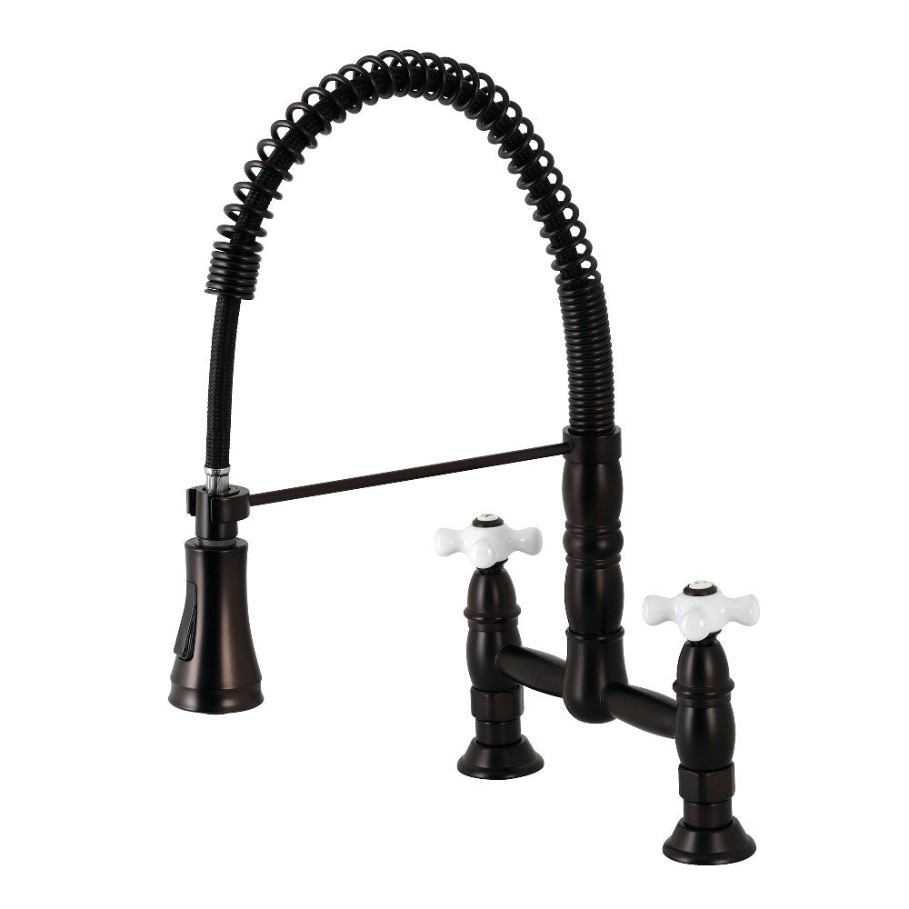 Gourmetier GS1273PX Heritage Double-Handle Deck-Mount Pre-Rinse Bridge Kitchen Faucet, Antique Brass with oil rubbed bronze finish.