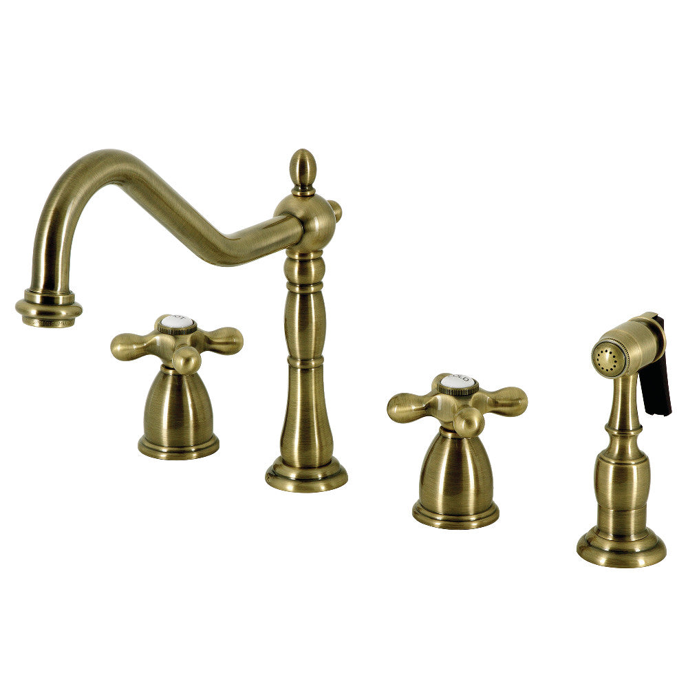 Kingston Brass KB1793AXBS Heritage Double-Handle Widespread Kitchen Faucet with Brass Sprayer, Antique Brass
