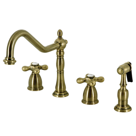 Kingston Brass KB1793AXBS Heritage Double-Handle Widespread Kitchen Faucet with Brass Sprayer, Antique Brass
