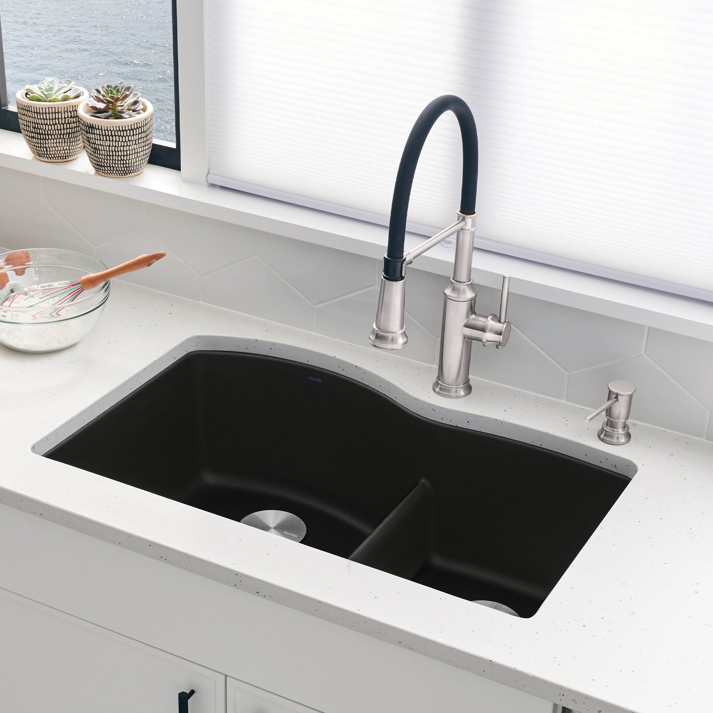 BLANCO Diamond SILGRANIT 32" 60/40 Double Bowl Undermount Kitchen Sink with Low Divide in a modern kitchen setting.