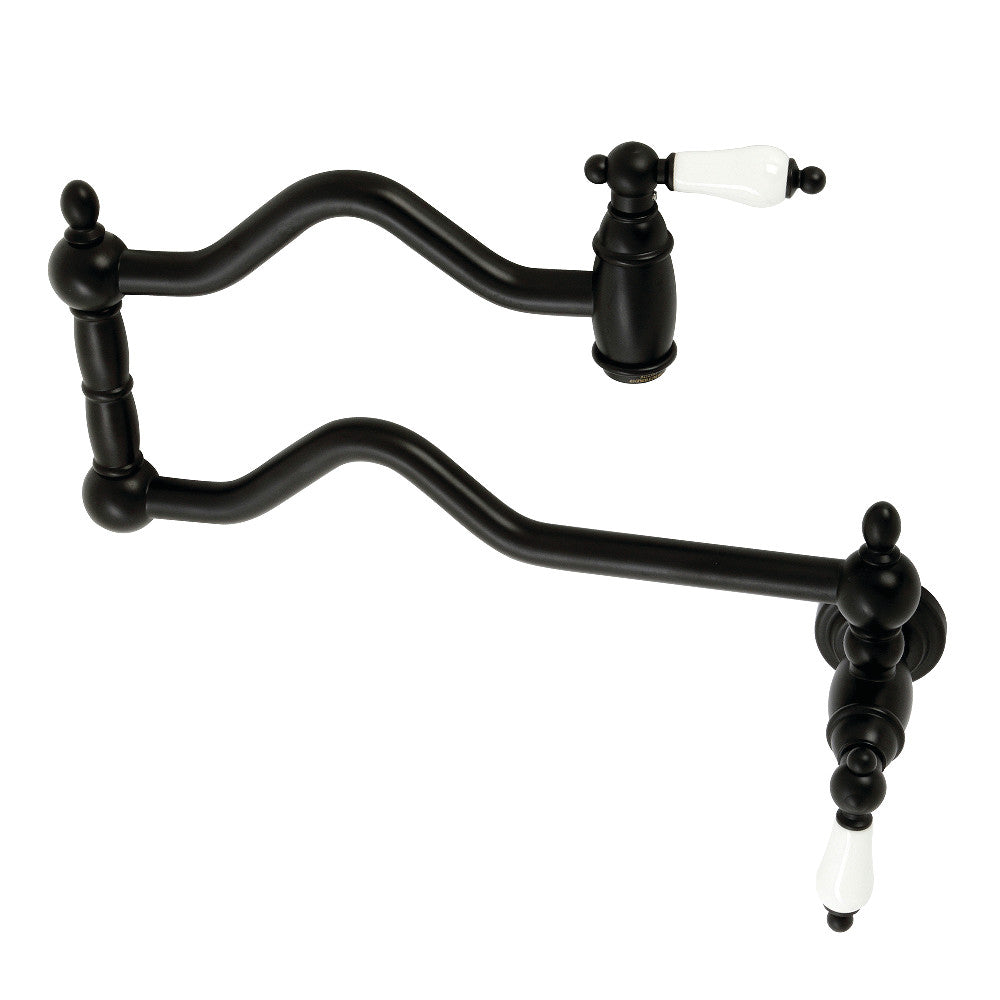 Kingston Brass KS2107PL Heritage Wall Mount Pot Filler Faucet, Brushed Brass in Matte Black finish with swing arms.