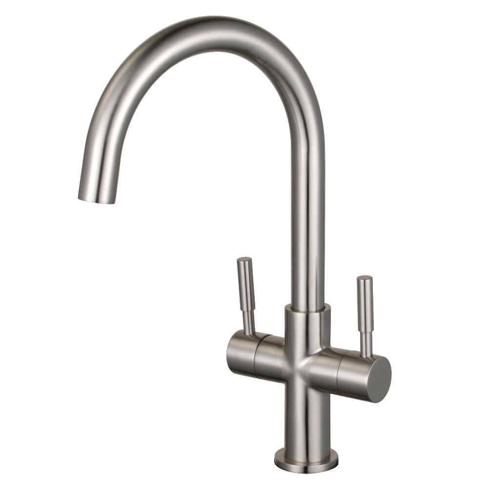 Fauceture LS8293DL Concord Double-Handle Vessel Sink Faucet, Brushed Brass, right side view, showcasing dual-handle design and cylindrical shape.