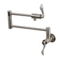 Kingston Brass KS4103DFL NuWave Wall Mount Pot Filler Faucet, Antique Brass with foldable swing arms in brushed nickel finish.