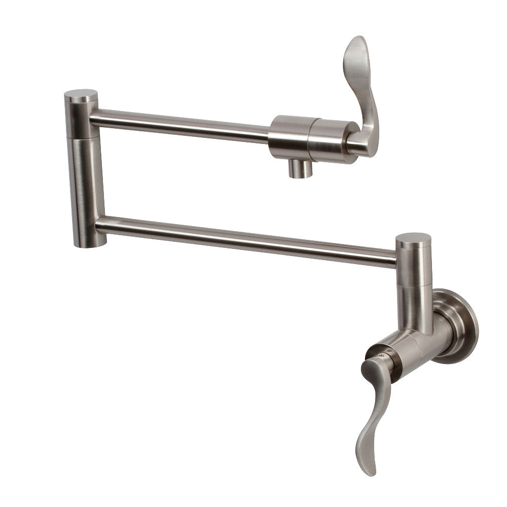 Kingston Brass KS4103DFL NuWave Wall Mount Pot Filler Faucet, Antique Brass with foldable swing arms in brushed nickel finish.