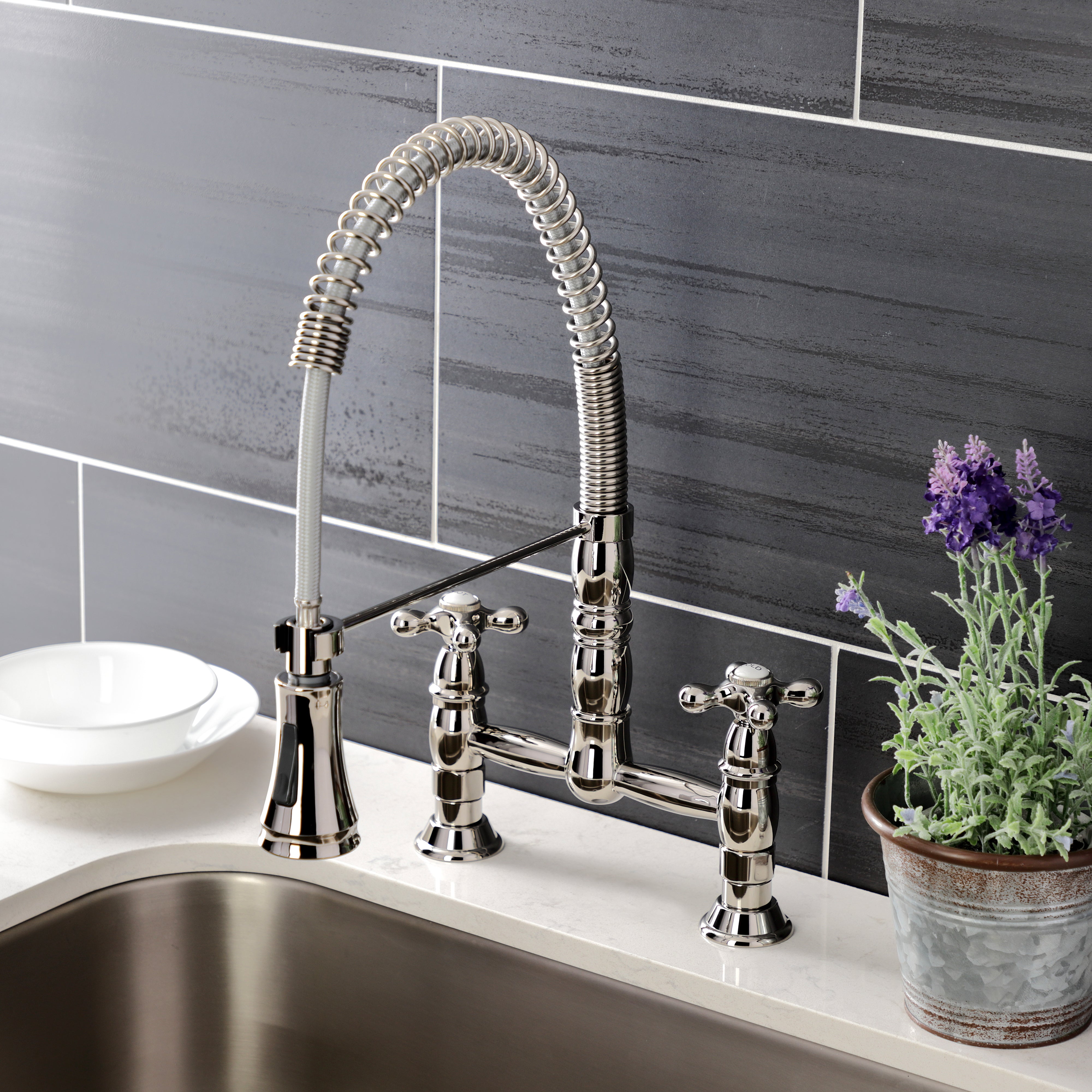 Gourmetier GS1273AX Heritage Double-Handle Deck-Mount Pre-Rinse Bridge Kitchen Faucet, Antique Brass