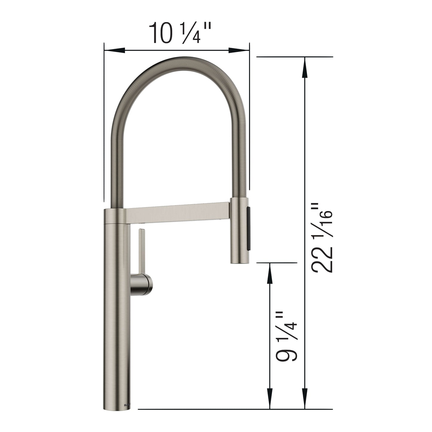 BLANCO Culina II Semi-Pro Pull-Down Dual-Spray Kitchen Faucet with dimensions 10.25" x 22.1875" x 9.25"
