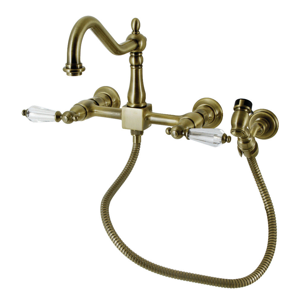 Kingston KS1243WLLBS Wilshire Two-Handle Wall Mount Bridge Kitchen Faucet with Brass Sprayer, Antique Brass