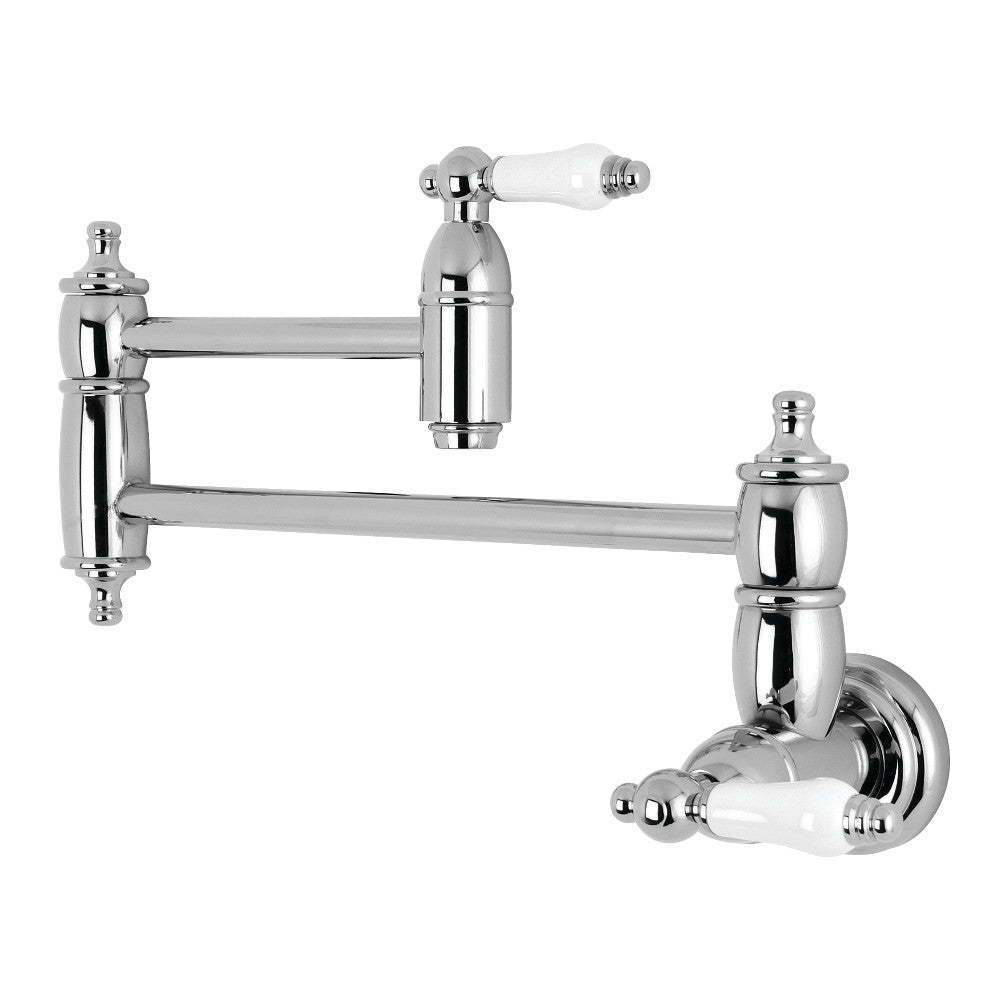 Kingston Brass KS3103PL Restoration Wall Mount Pot Filler Faucet, Antique Brass in polished chrome finish.