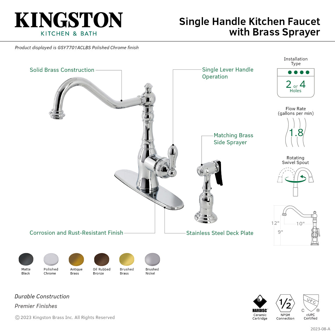 Gourmetier GSY7703ACLBS American Classic Single-Handle Kitchen Faucet with Brass Side Sprayer, Antique Brass