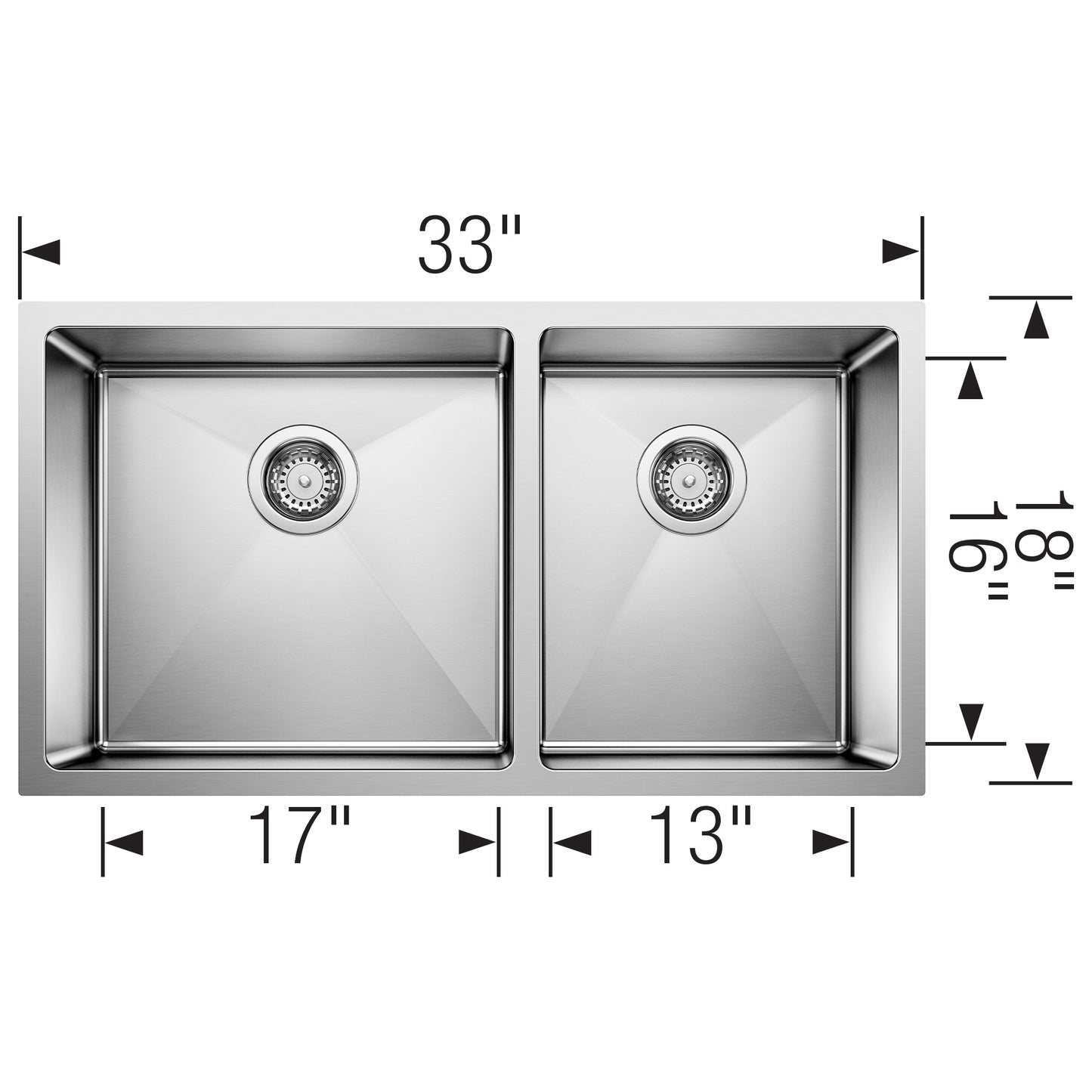 BLANCO Quatrus R15 33" 60/40 Double Bowl Undermount Stainless Steel Kitchen Sink dimensions and layout.