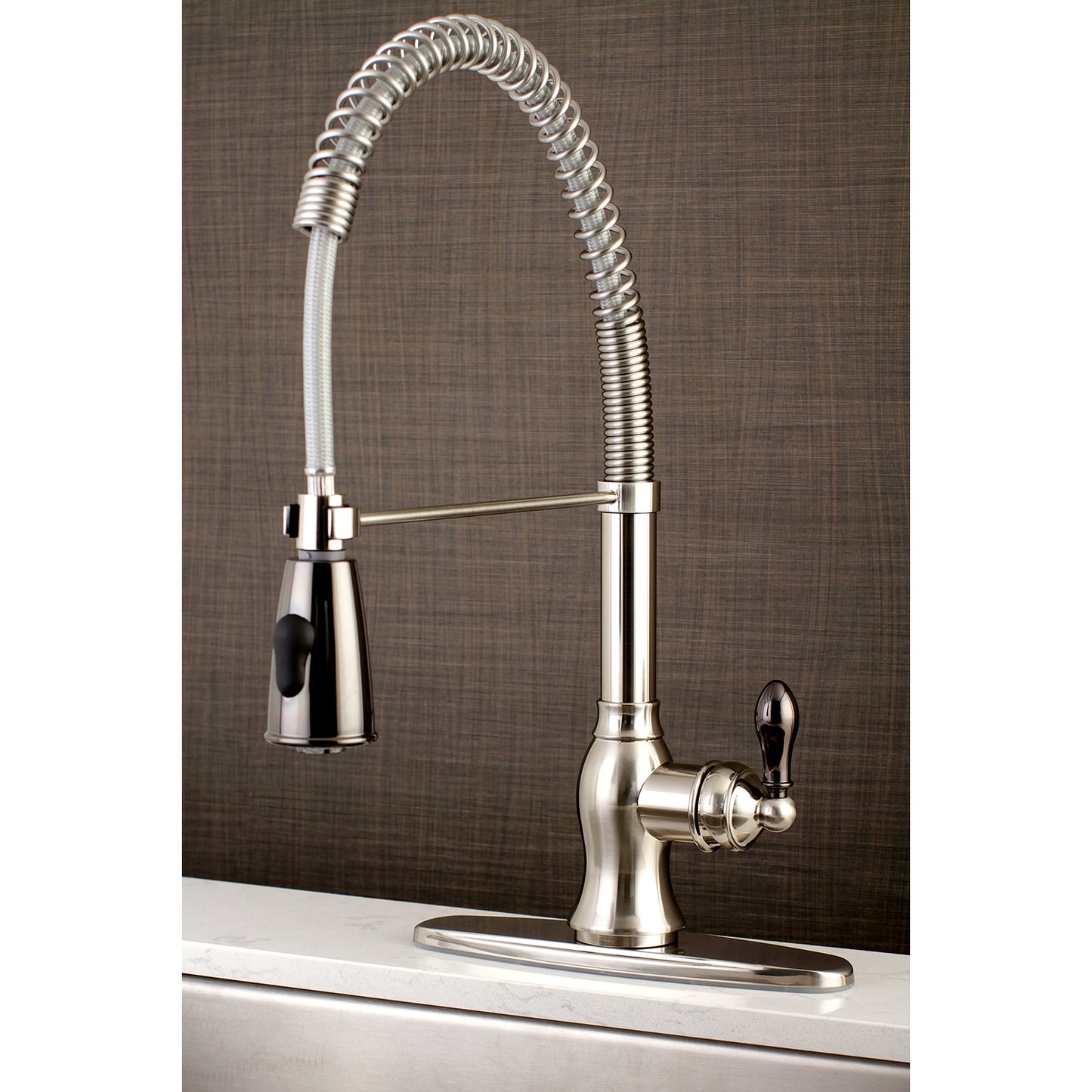 Gourmetier GSY8898AKL Kaiser Single-Handle Deck-Mount Pre-Rinse Kitchen Faucet, Brushed Nickel/Black Stainless Steel