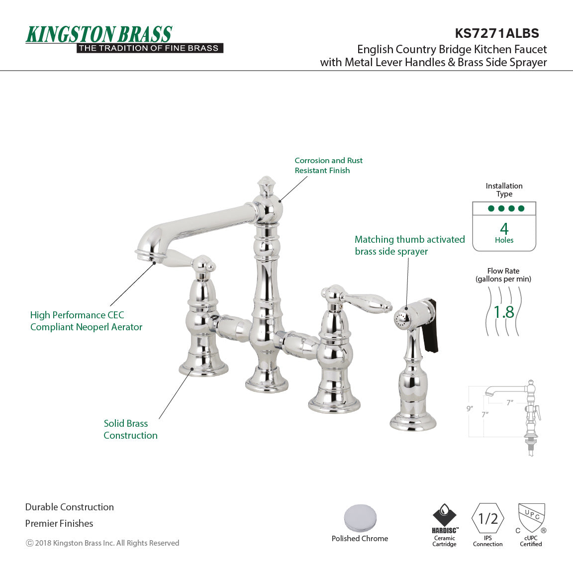 Kingston KS7277ALBS English Country Bridge Kitchen Faucet with Brass Sprayer, Brushed Brass