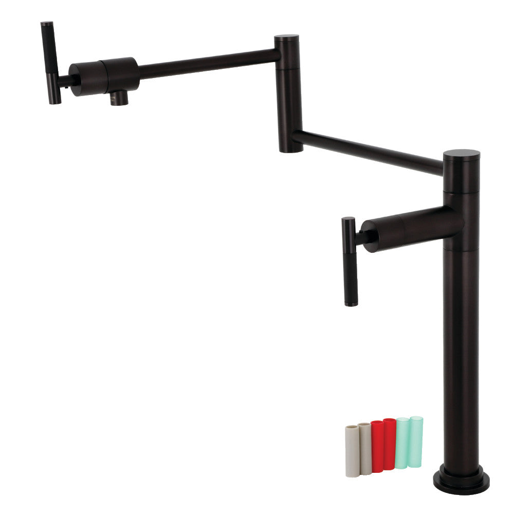Kingston Brass KS4703CKL Kaiser Deck Mount Pot Filler Faucet, Antique Brass with ergonomic design and silicone rubber handles.