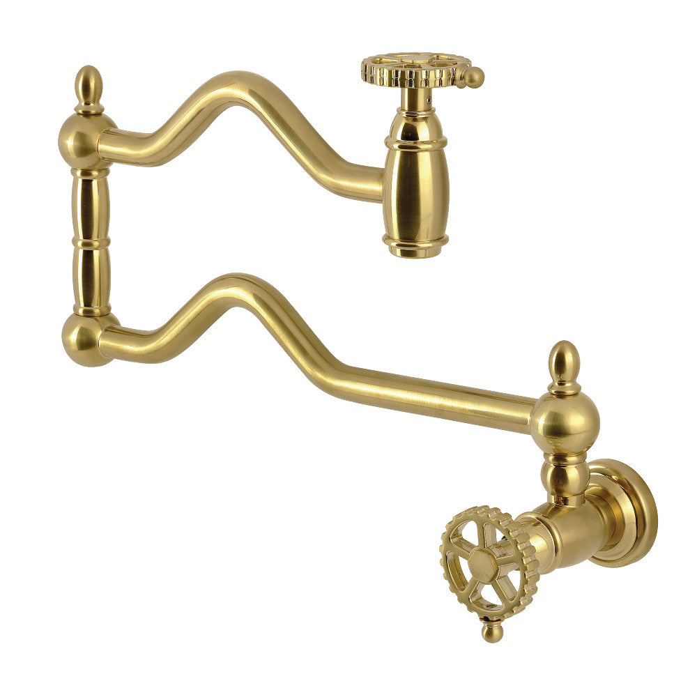 Kingston Brass KS2107CG Fuller Wall Mount Pot Filler Faucet, Brushed Brass with elegant detailing and foldable swing arms.